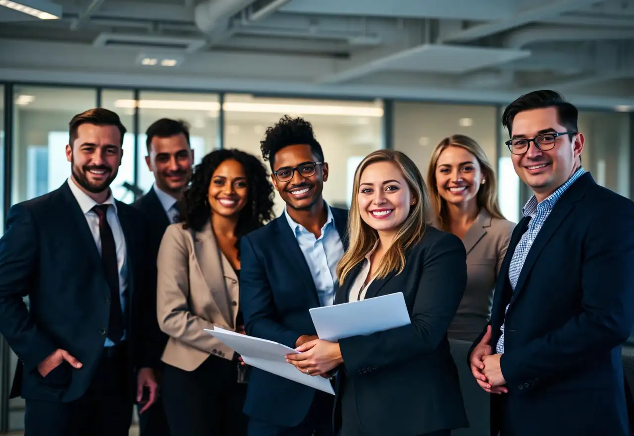 A diverse team of business professionals collaborating in a modern office